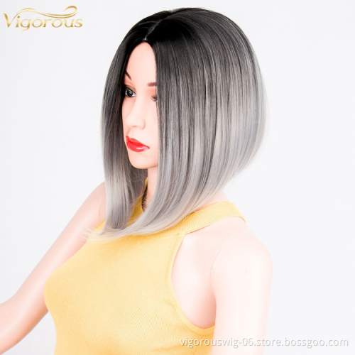 High quality wholesale premium vendor ombre silver short straight wavy hair synthetic heat resistant wig lace front black women